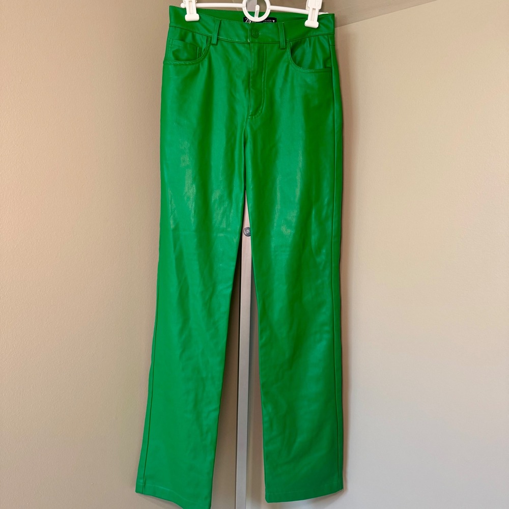 Zara Green Faux Leather Pants High Waist Straight Leg Trousers XS